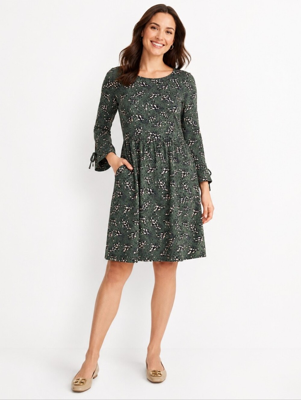Boden Posie Cotton Jersey Dress Green Floral Pockets Teacher Fall 10P Petite
